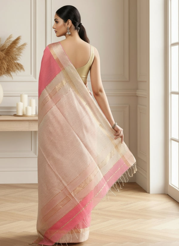 Stunning Pure Maheshwari Silk Allover Checks Dark Pink Saree