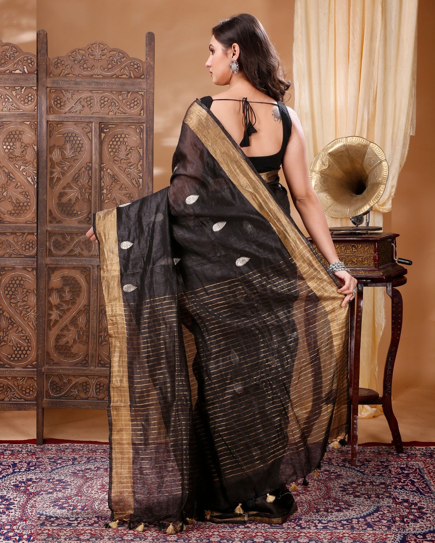 8619-Silk Linen Handloom Black Saree with Blouse Buta weaving and running blouse