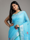 Decorous Pure Linen Floral Embroidered Blue Saree