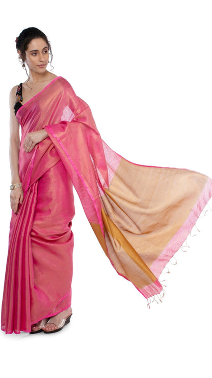 Tissue Linen Pink Saree Gold Shimmer Pallu