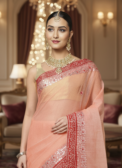 Gilded Grace Kota Cotton Gota Patti Saree Light Peach