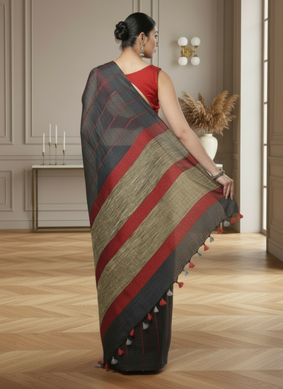 Bold Handwoven Pure Linen Gray Saree Striped Design