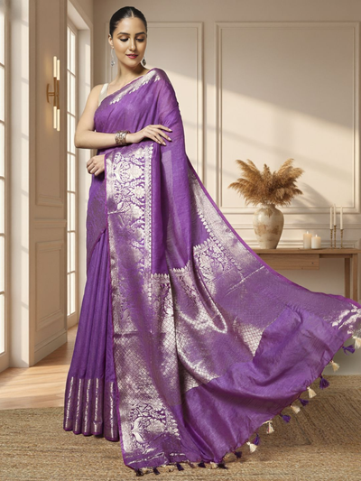 Stunning Banarasi Silk Linen Purple Handloom Saree