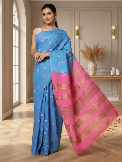 Quaint Eri Tussar Silk Embroidered Blue Saree