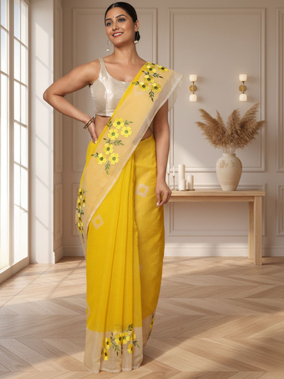 Rich Bandhej Kota Doria Embroidery Yellow Saree Handdyed