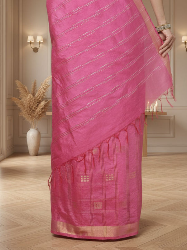 Gilded Hue Kota Silk Zari Stripe Saree Pink