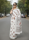 Azureish Slub Linen Saree White Handblock Print