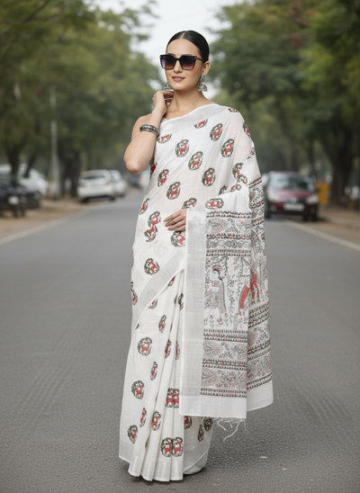 Azureish Slub Linen Saree White Handblock Print