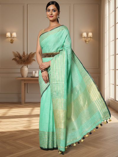 Verdant Khadi Linen Saree Medium Green