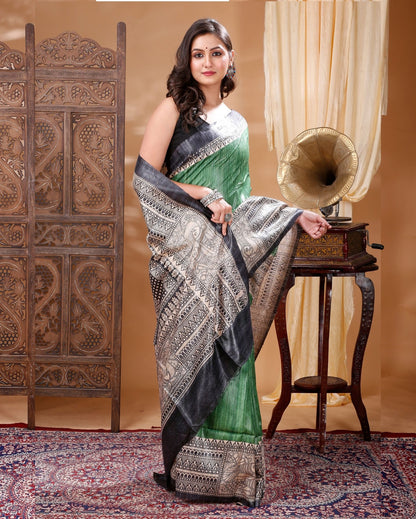 Silkmark Tussar Modern Madhubani Green & Black Saree