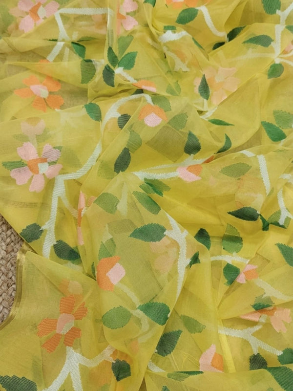 Indiehaat | Pure Muslin Silk Jamdani Saree Yellow