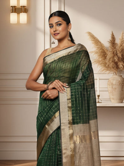 Stunning Pure Maheshwari Silk Allover Checks Rich Green Saree