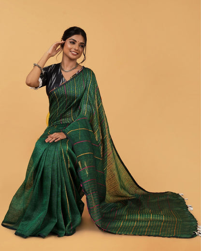 Dreamy Pure Linen Kantha Work Saree Spectra Green