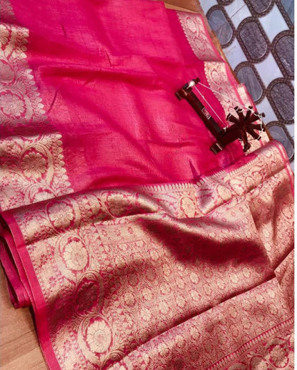 9224-Silk Linen Banarasi Brocade Handloom Rose Pink Saree with Blouse