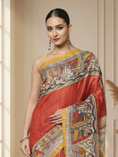 Silkmark Tussar Quaint Madhubani Red & Beige Saree
