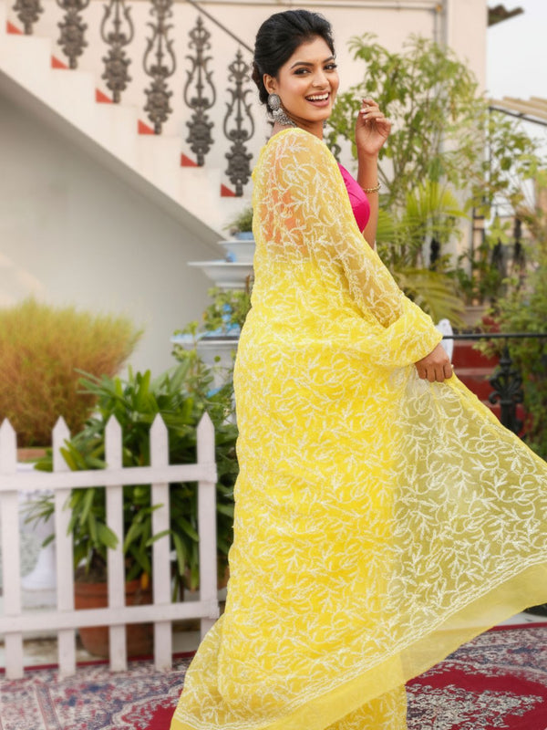 Tepchi Handwork Georgette Work Yellow Saree