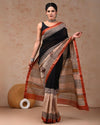 Indiehaat | Maheshwari Silk Saree Black Color Bagru Handblock Printed with Running Blouse (Silk by Silk)