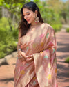 Indiehaat | Organza Meenakari Floral Jaal Zari Woven Peach Saree