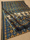 Indiehaat | Chanderi Silk Ajrakh Print Saree Blue