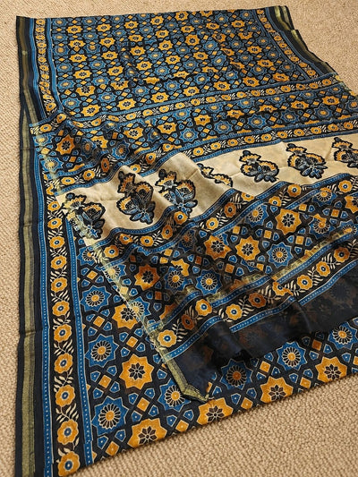 Indiehaat | Chanderi Silk Ajrakh Print Saree Blue
