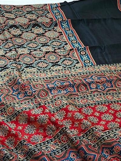Indiehaat | Chanderi Silk Ajrakh Print Saree Black