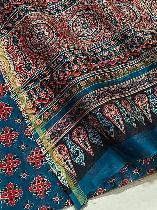Indiehaat | Chanderi Silk Ajrakh Print Saree Blue