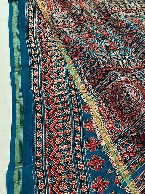 Indiehaat | Chanderi Silk Ajrakh Print Saree Blue