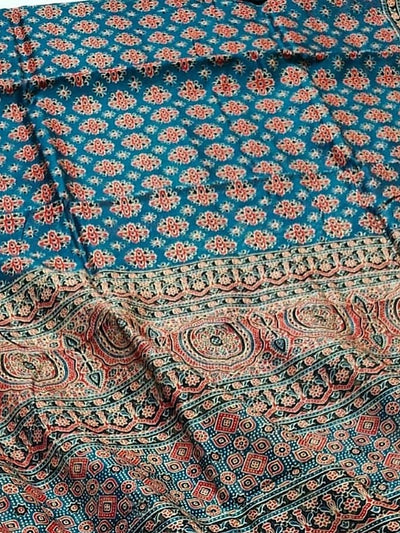 Indiehaat | Chanderi Silk Ajrakh Print Saree Blue