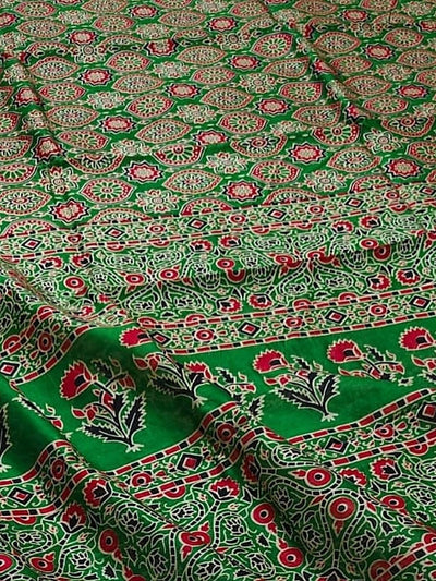 Indiehaat | Chanderi Silk Ajrakh Print Saree Green