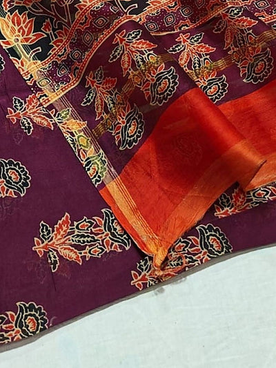 Indiehaat | Chanderi Silk Ajrakh Print Saree Purple