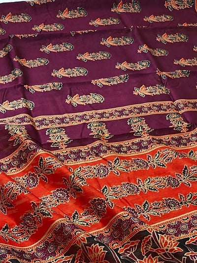 Indiehaat | Chanderi Silk Ajrakh Print Saree Purple