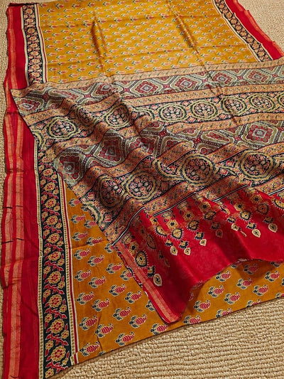 Indiehaat | Chanderi Silk Ajrakh Print Saree Yellow
