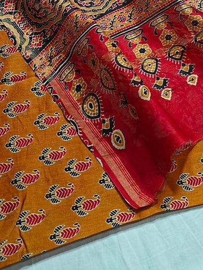 Indiehaat | Chanderi Silk Ajrakh Print Saree Yellow