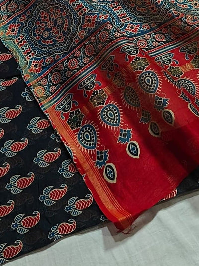 Indiehaat | Chanderi Silk Ajrakh Print Saree Black