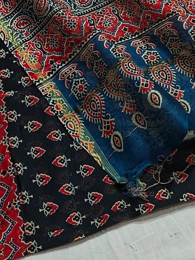 Indiehaat | Chanderi Silk Ajrakh Print Saree Black
