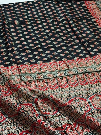 Indiehaat | Chanderi Silk Ajrakh Print Saree Black
