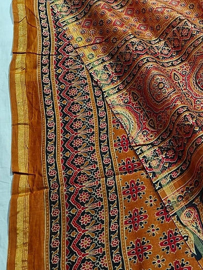 Indiehaat | Chanderi Silk Ajrakh Print Saree Yellow