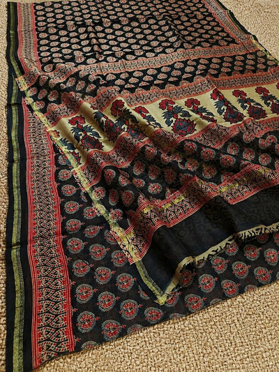 Indiehaat | Chanderi Silk Ajrakh Print Saree Black