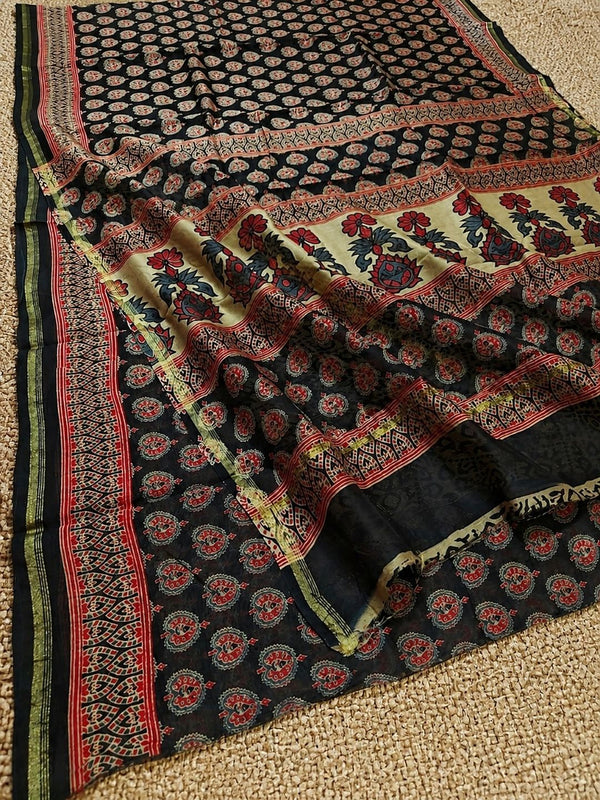 Indiehaat | Chanderi Silk Ajrakh Print Saree Black