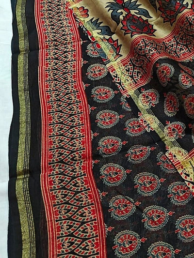 Indiehaat | Chanderi Silk Ajrakh Print Saree Black