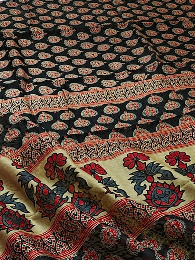 Indiehaat | Chanderi Silk Ajrakh Print Saree Black