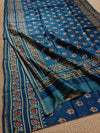 Indiehaat | Chanderi Silk Ajrakh Print Saree Blue
