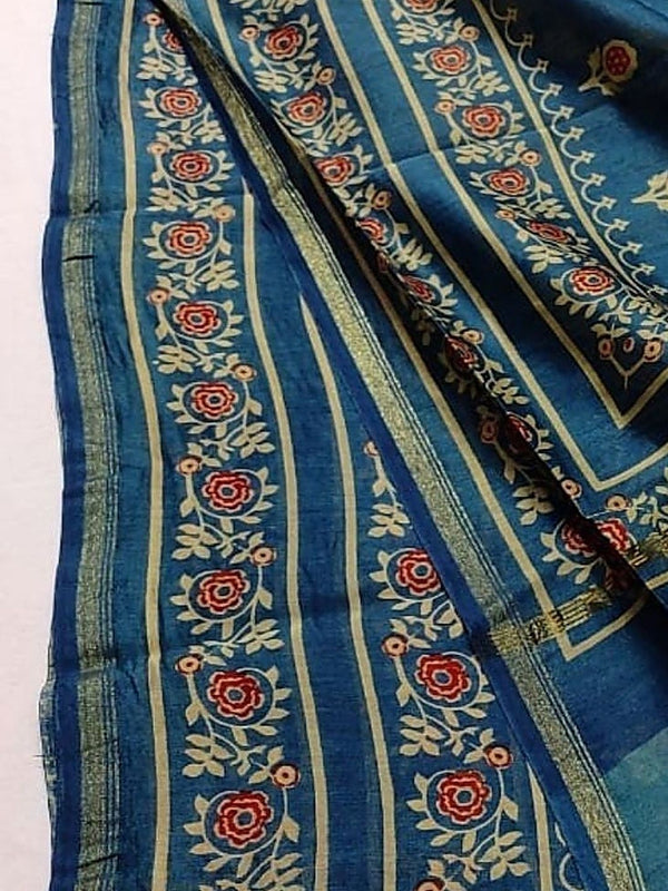 Indiehaat | Chanderi Silk Ajrakh Print Saree Blue