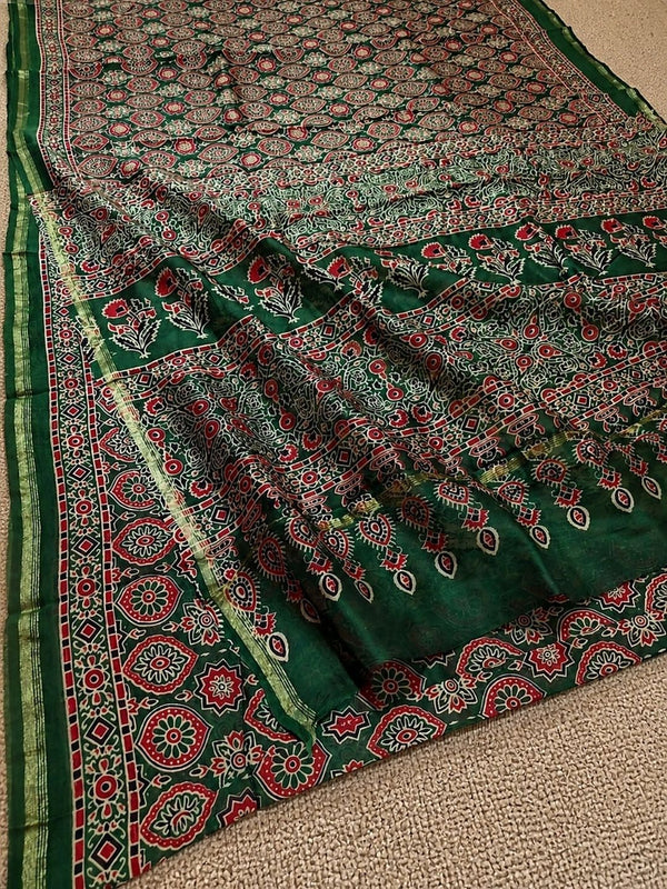Indiehaat | Chanderi Silk Ajrakh Print Saree Green