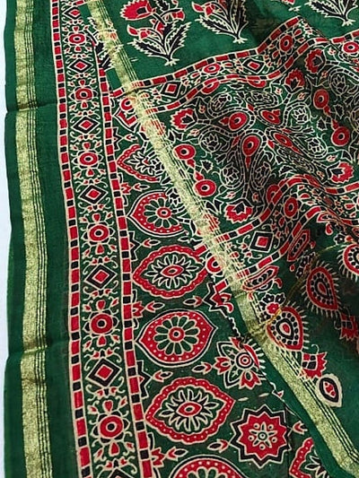 Indiehaat | Chanderi Silk Ajrakh Print Saree Green