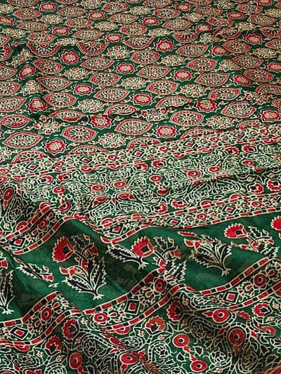 Indiehaat | Chanderi Silk Ajrakh Print Saree Green