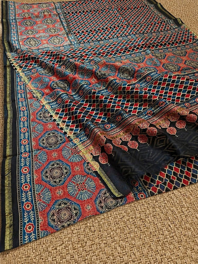 Indiehaat | Chanderi Silk Ajrakh Print Saree Multicolor