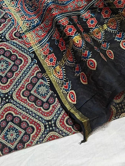 Indiehaat | Chanderi Silk Ajrakh Print Saree Black