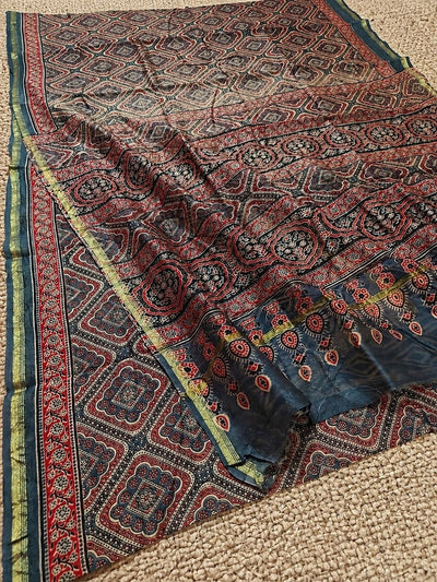 Indiehaat | Chanderi Silk Ajrakh Print Saree Multicolor