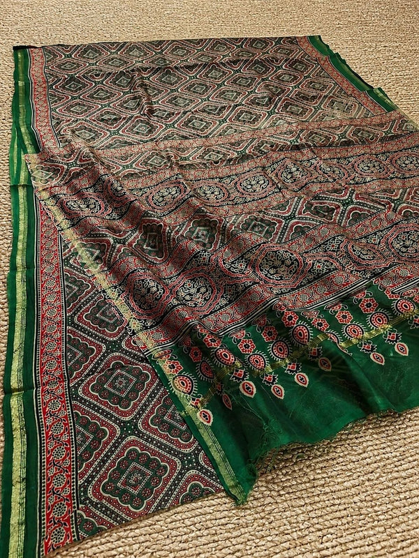 Indiehaat | Chanderi Silk Ajrakh Print Saree Green